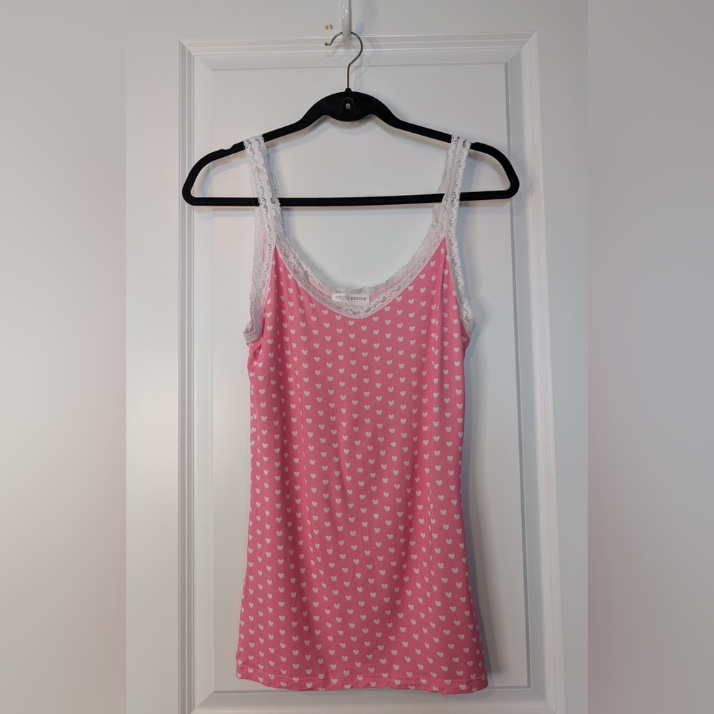 Stripe and Stare Pink and White Lace Cami with Hearts Size Large